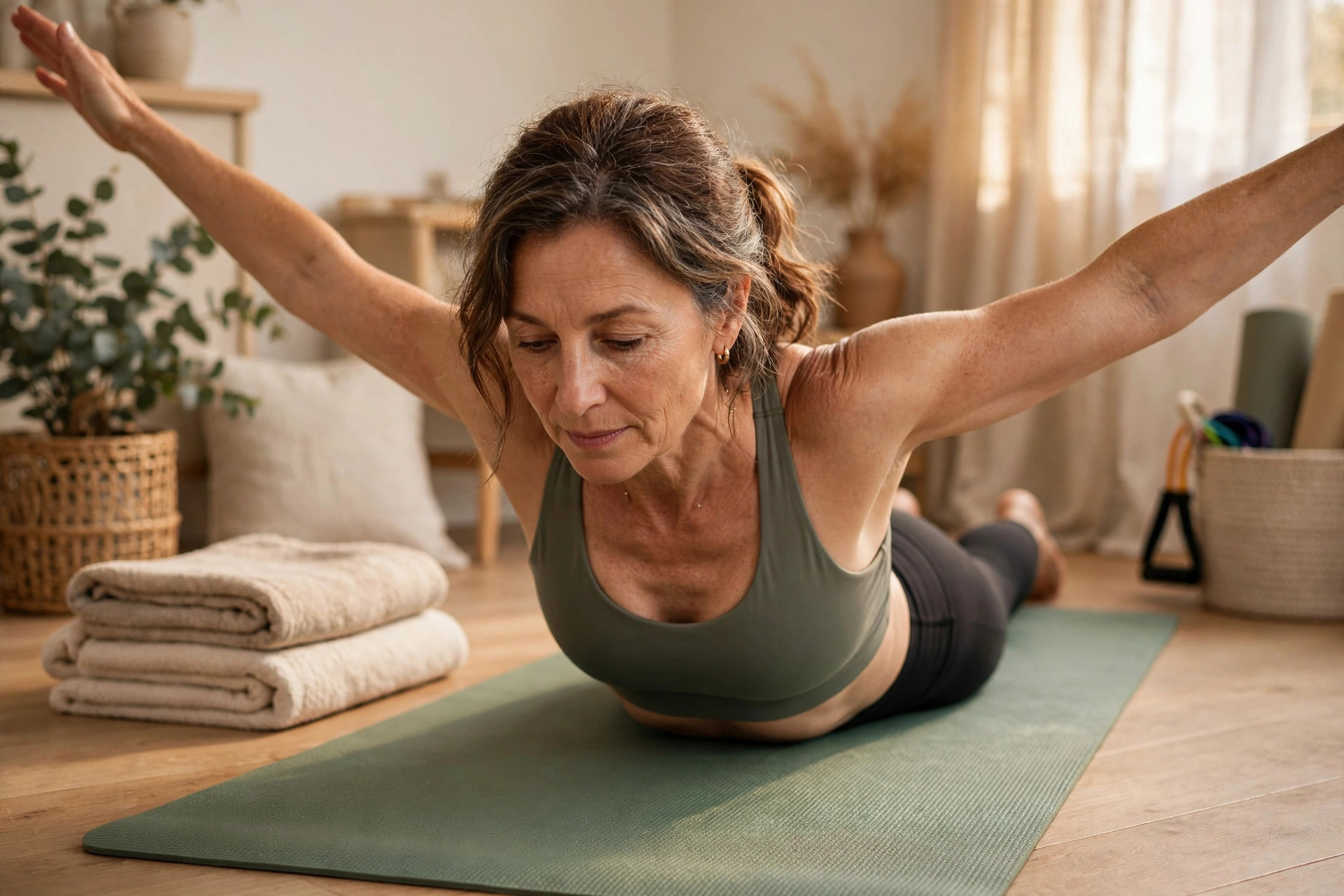 Woman in her 50s doing prone Y-raises