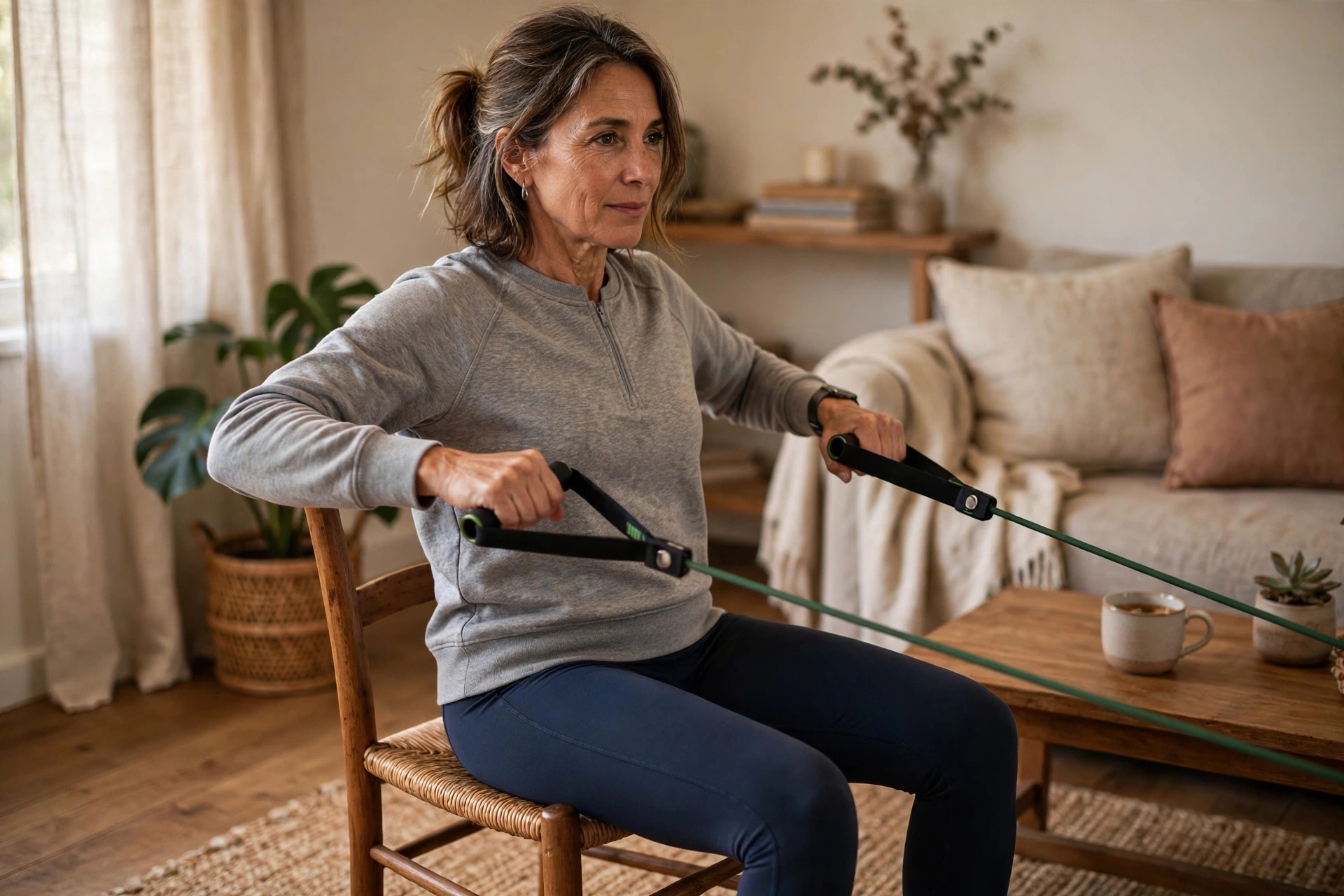 Woman in her 50s doing seated band rows