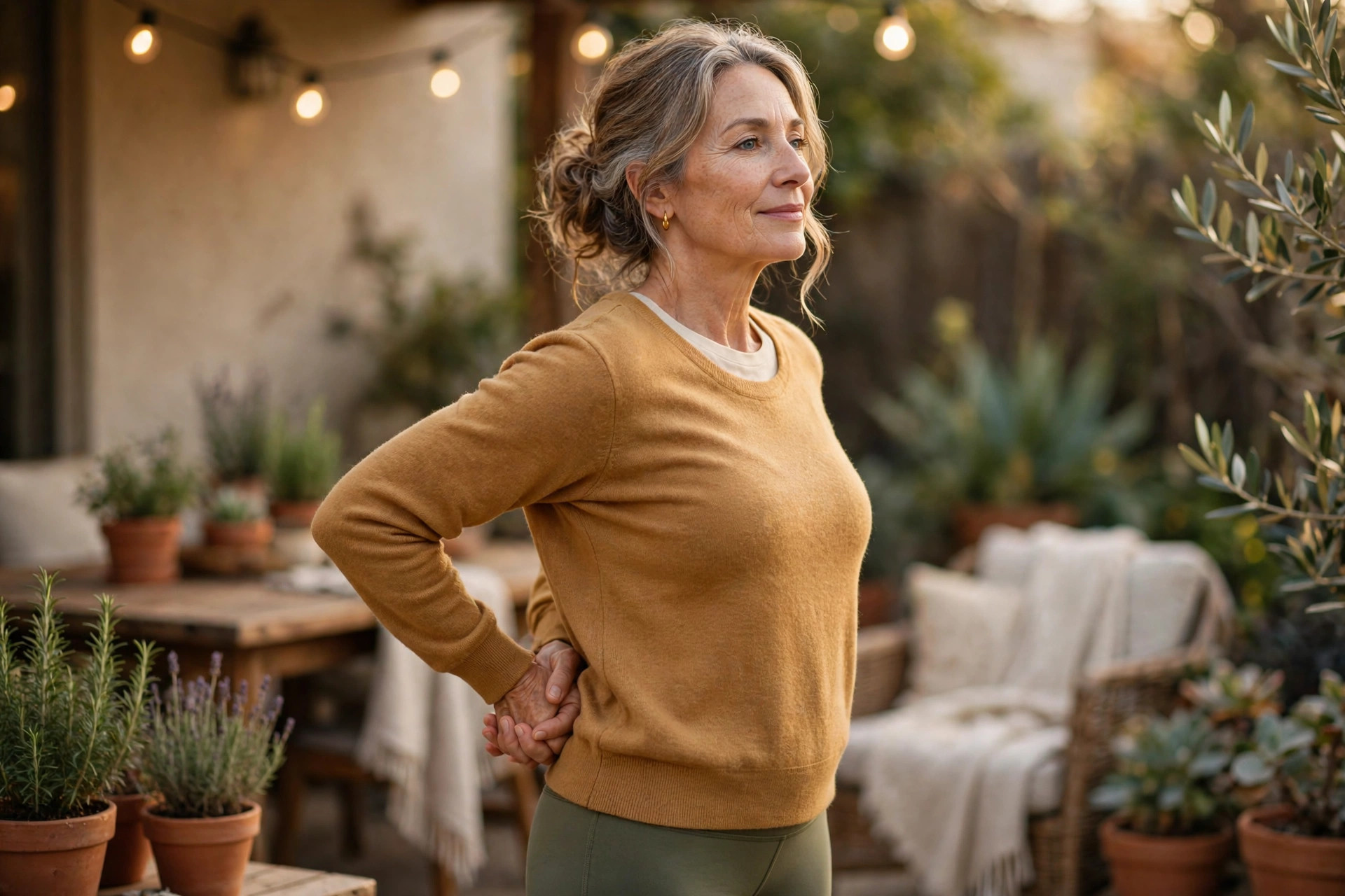 Woman in her 50s doing hands-behind-back chest opener
