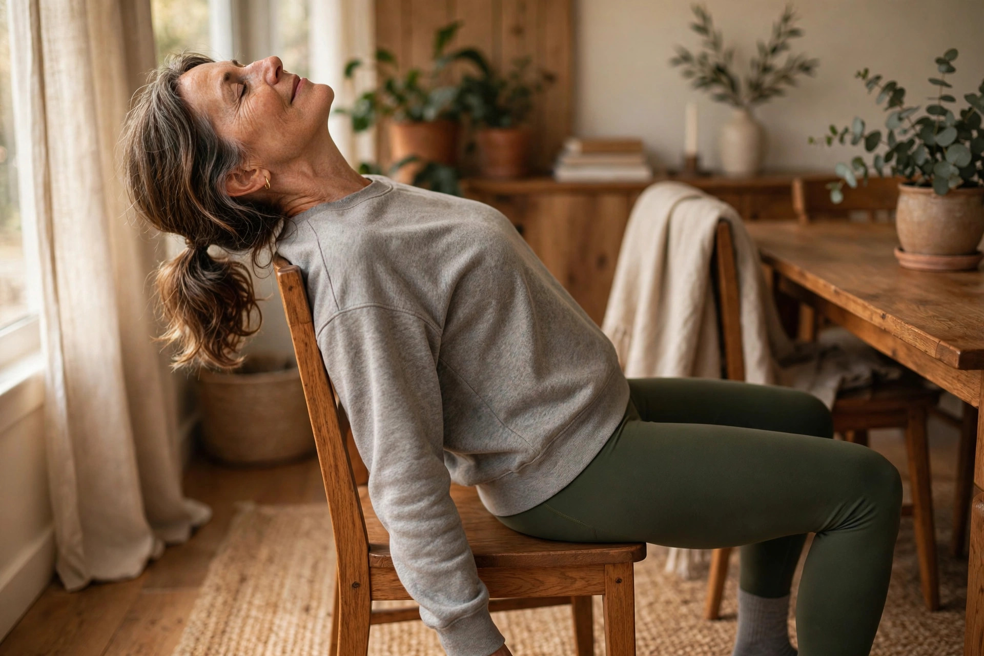Woman in her 50s doing thoracic extension over chair