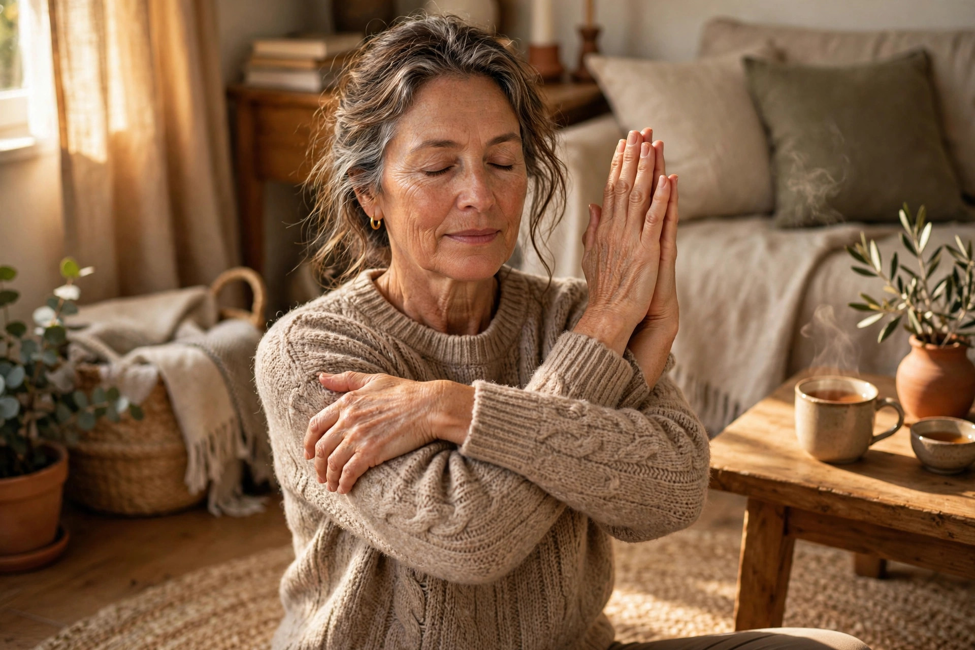 Woman in her 50s doing seated eagle arms