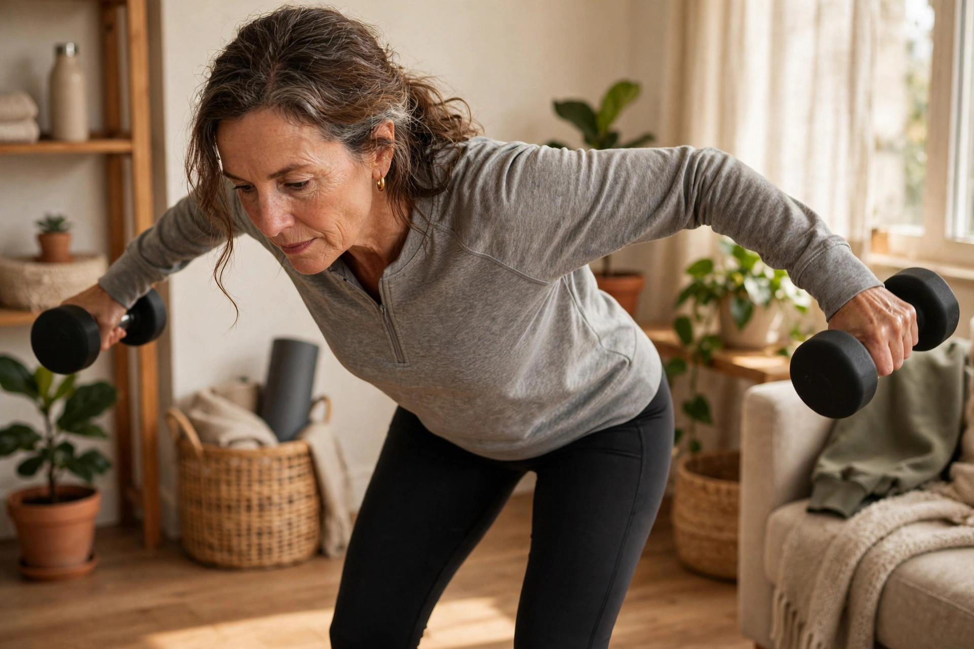 Woman in her 50s doing dumbbell reverse flyes
