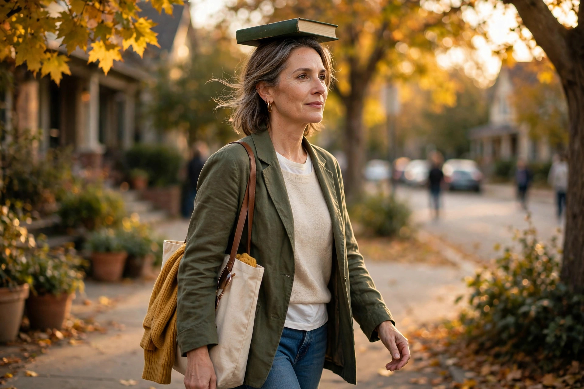 Woman in her 50s walking with a book on her head