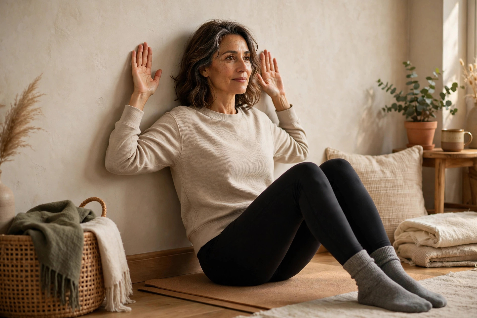Woman in her 50s doing seated wall angels