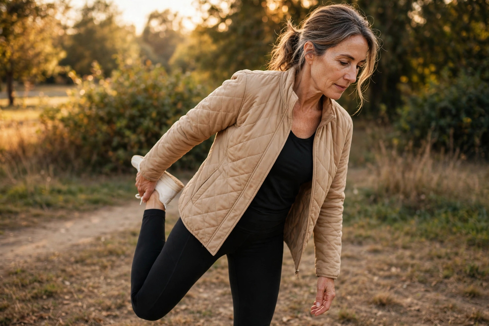 Woman in her 50s doing standing hip flexor stretch