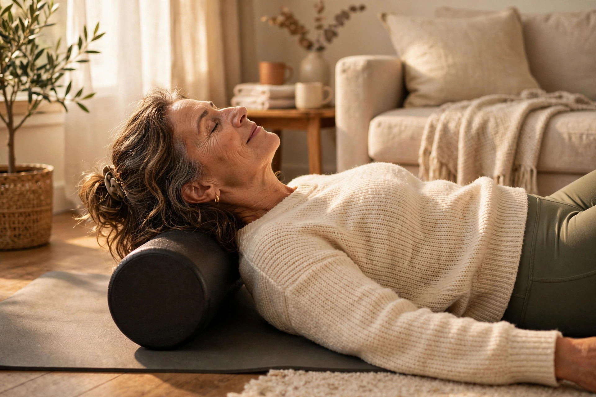 Woman in her 50s using a foam roller