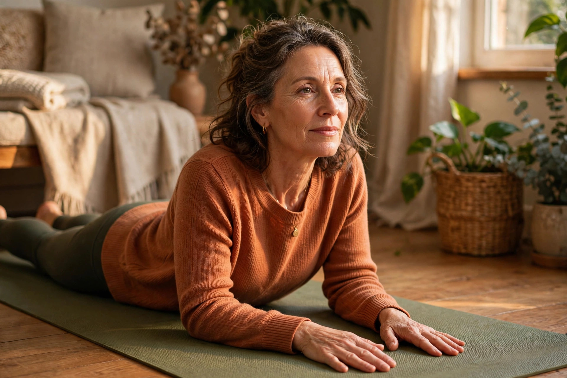Woman in her 50s holding sphinx pose
