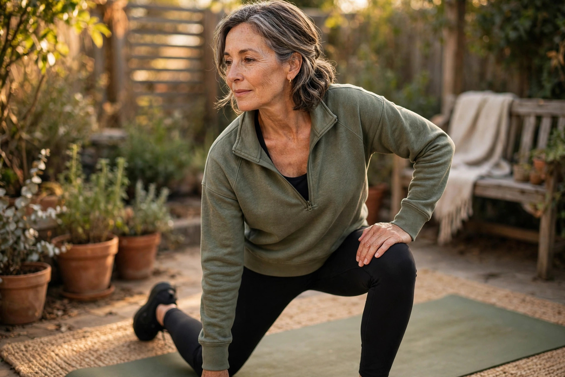 Woman in her 50s doing kneeling hip flexor stretch