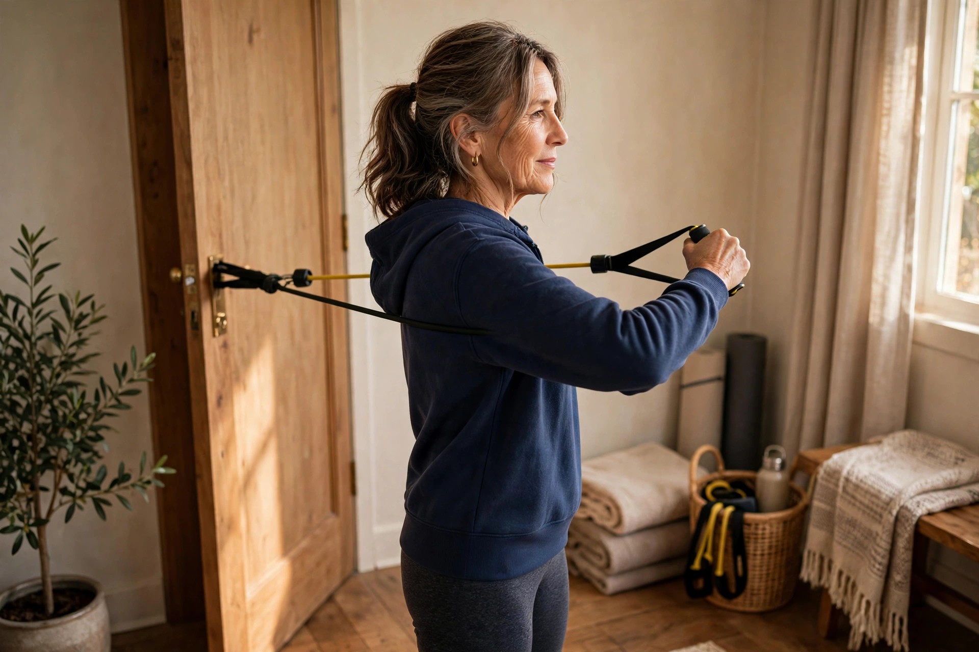 Woman in her 50s doing band external rotations
