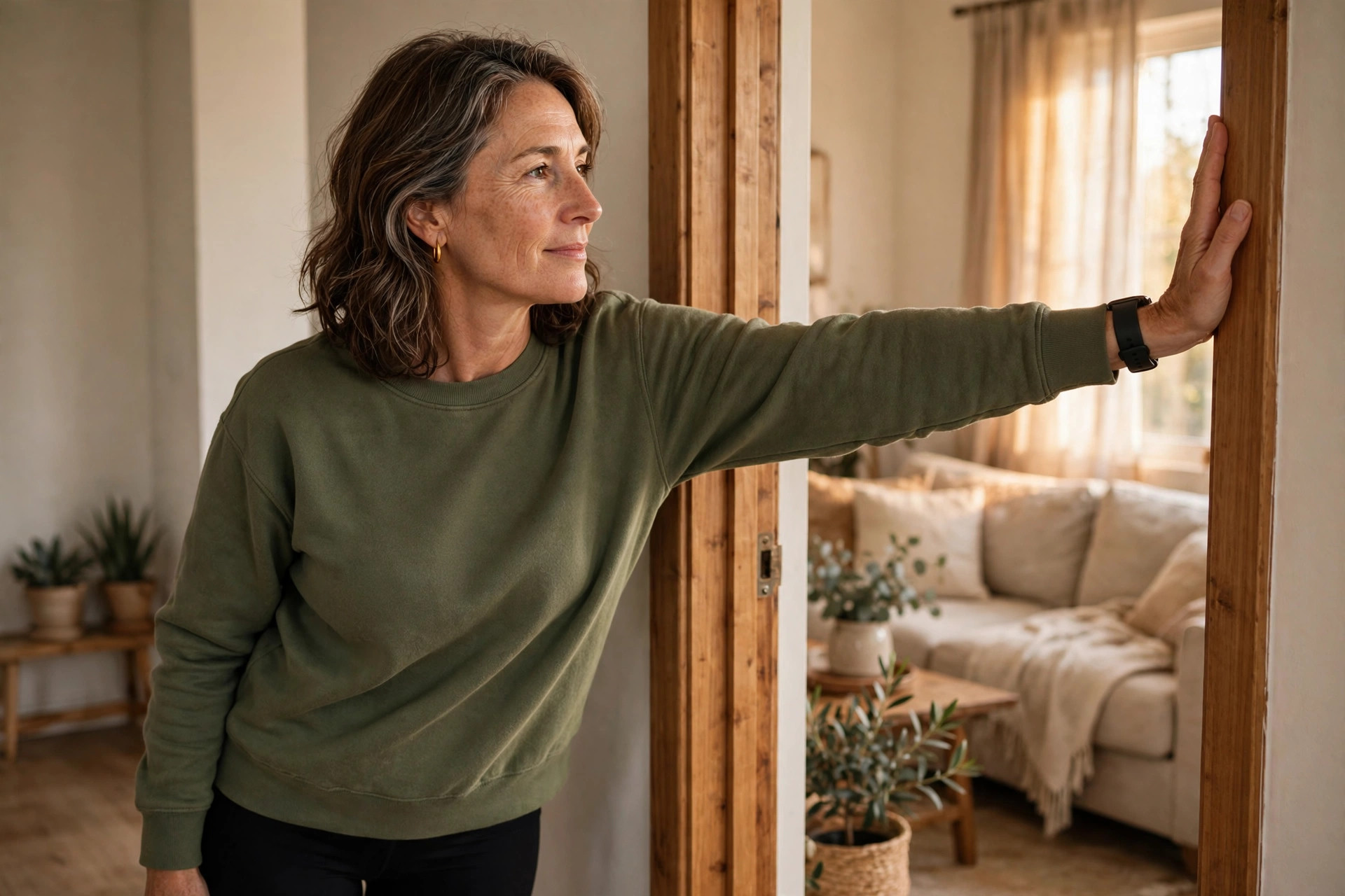 Woman in her 50s doing single-arm doorway stretch