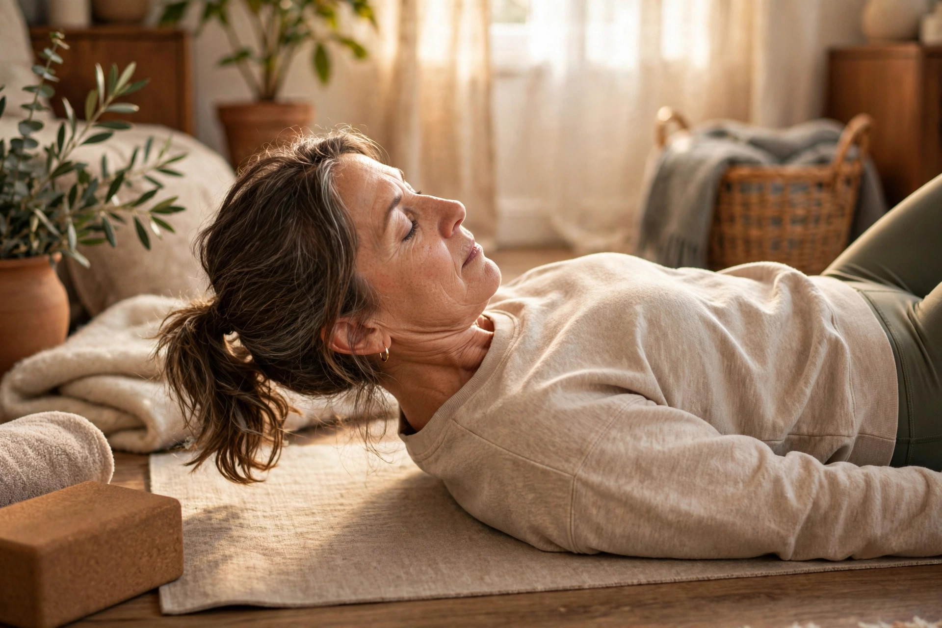 Woman in her 50s doing neck nods lying down