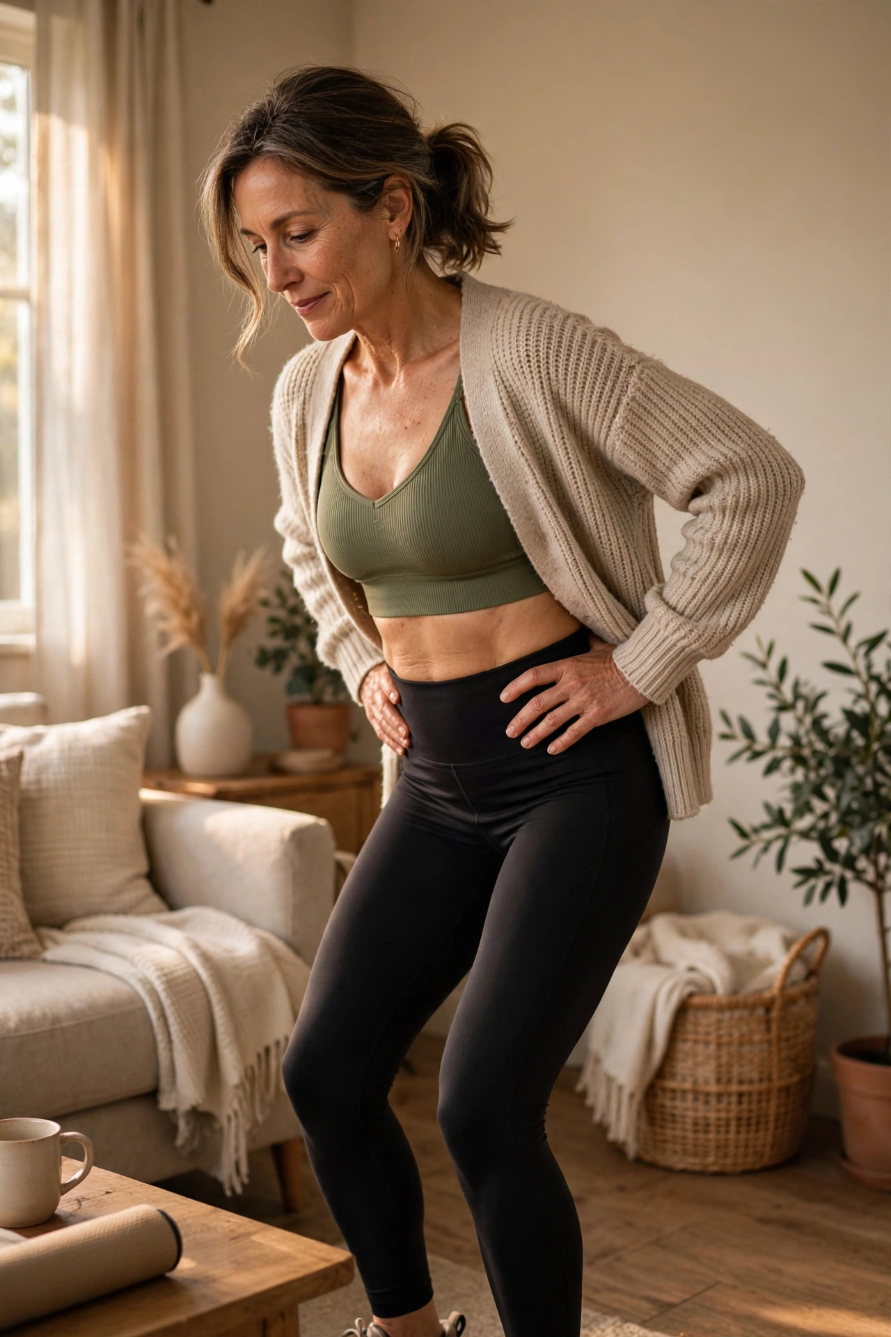 Woman in her 50s doing standing pelvic tilts