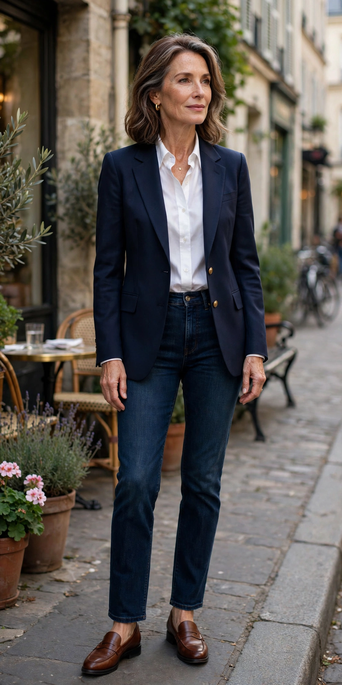 Elegant woman in her 50s wearing a navy blazer, white shirt and dark jeans with loafers