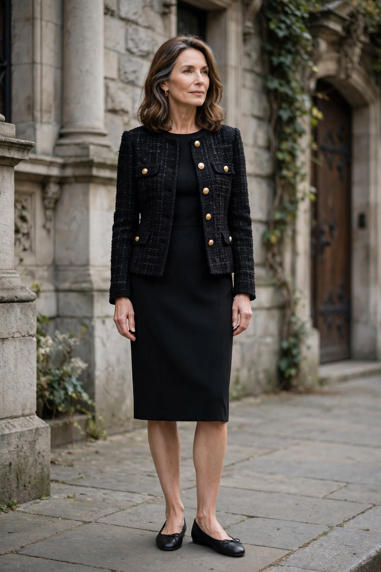 Elegant woman in her 50s wearing a black dress with a tweed jacket and ballet flats