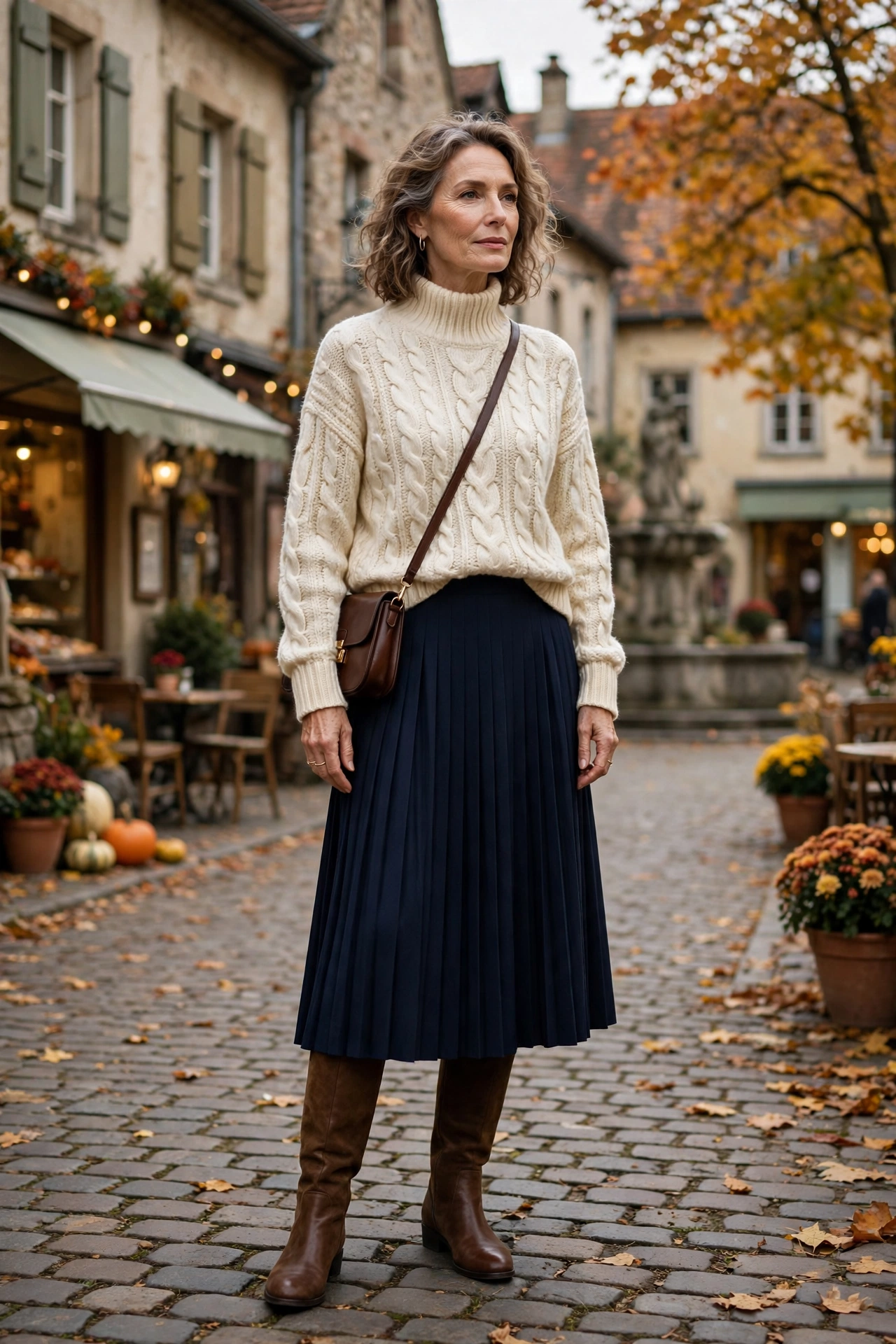 Elegant woman in her 50s wearing a cream cable-knit sweater with a navy pleated skirt