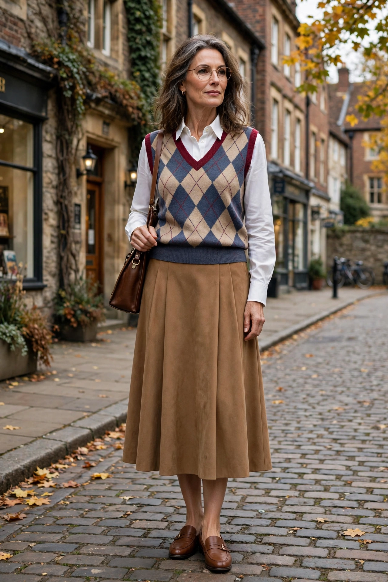 Elegant woman in her 50s wearing an argyle sweater vest over a white Oxford shirt