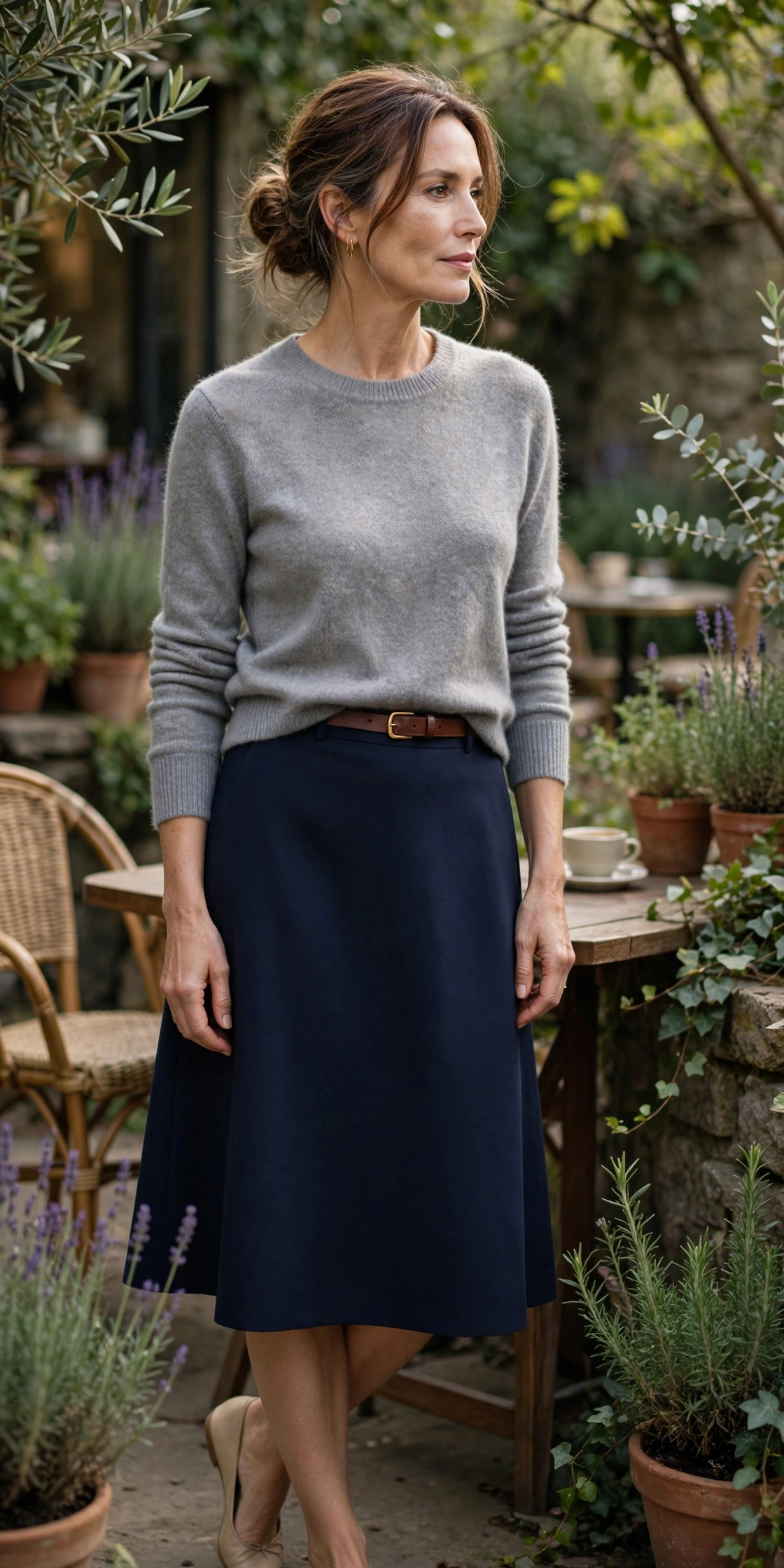 Elegant woman in her 50s wearing a gray cashmere sweater with a navy A-line skirt