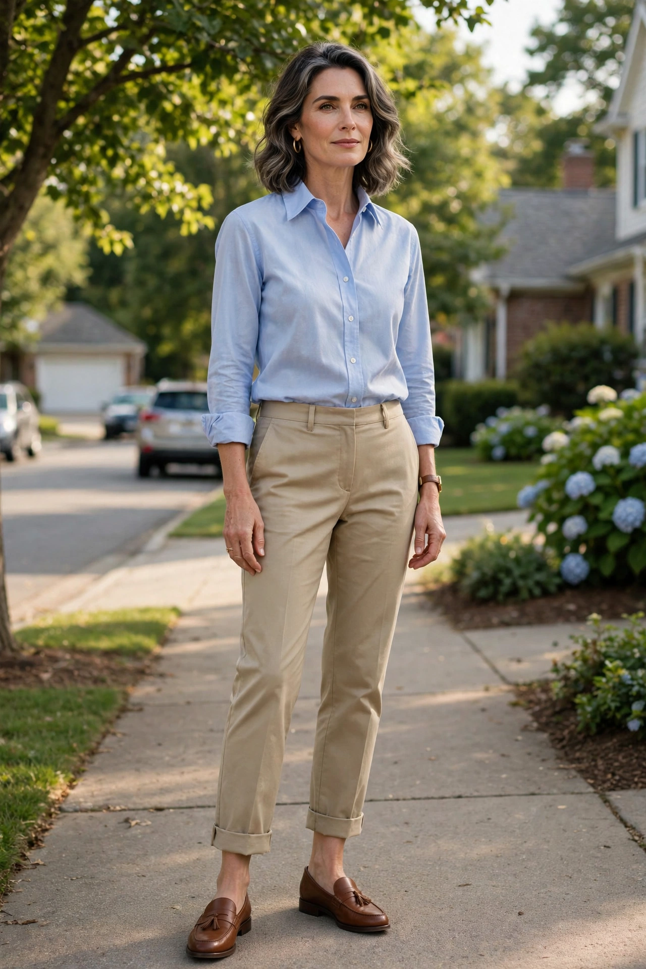 Elegant woman in her 50s wearing a blue Oxford shirt with khaki chino trousers