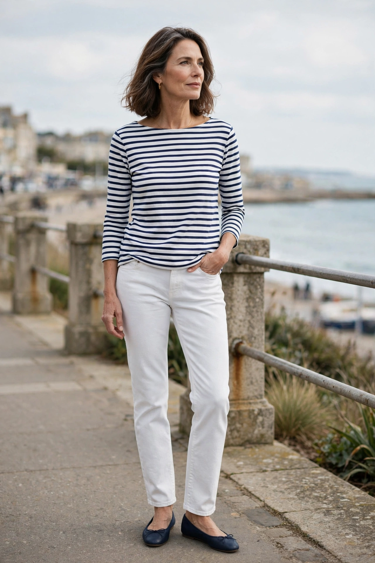 Elegant woman in her 50s wearing a striped Breton top with white jeans