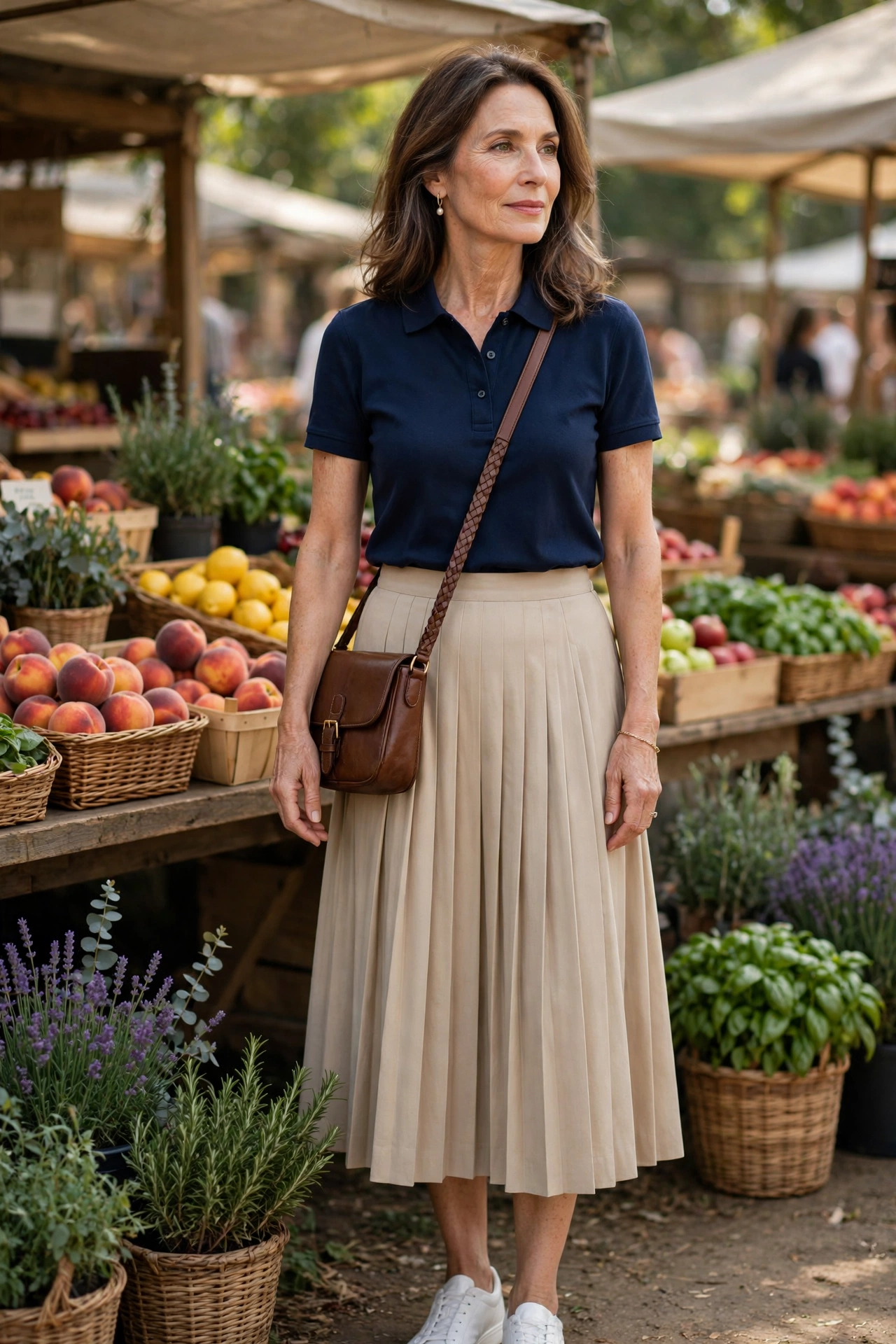 Elegant woman in her 50s wearing a navy polo shirt with a pleated midi skirt