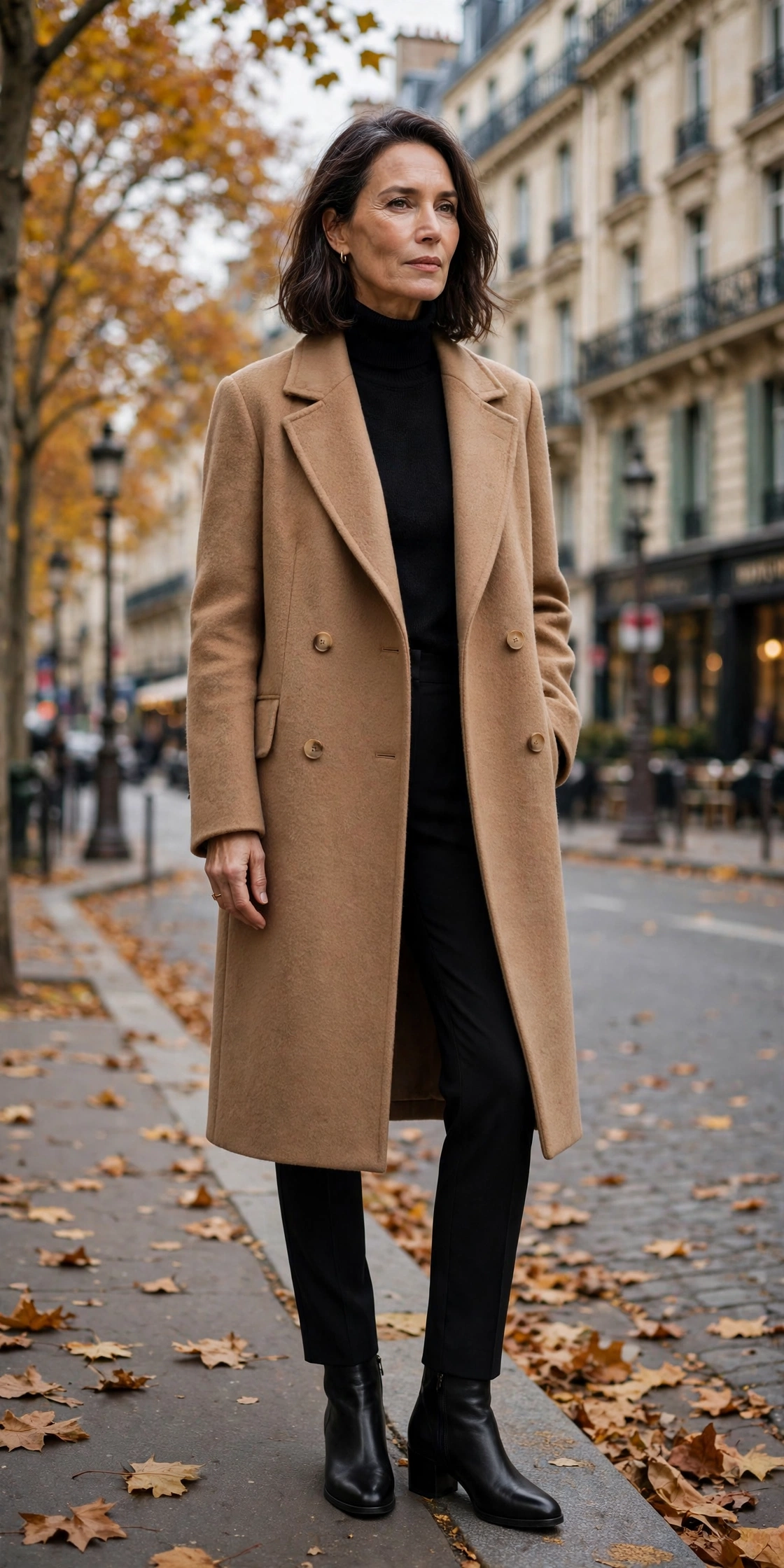 Elegant woman in her 50s wearing a camel coat over a black turtleneck