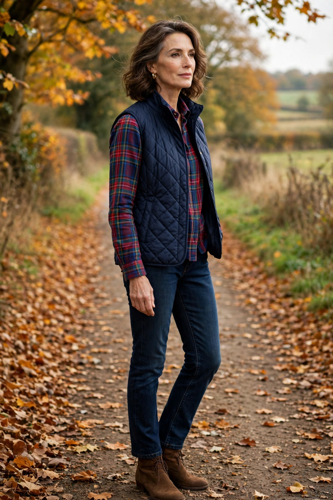 Elegant woman in her 50s wearing a quilted vest over a plaid flannel shirt