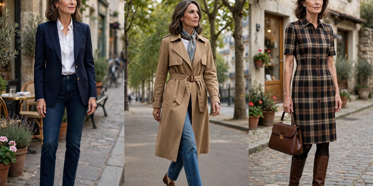 Three preppy looks for women over 50: navy blazer, camel trench coat, plaid dress