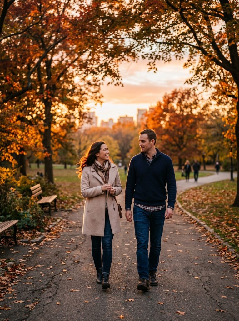 Couple in coordinated fall outfits walking through an autumn park for photos