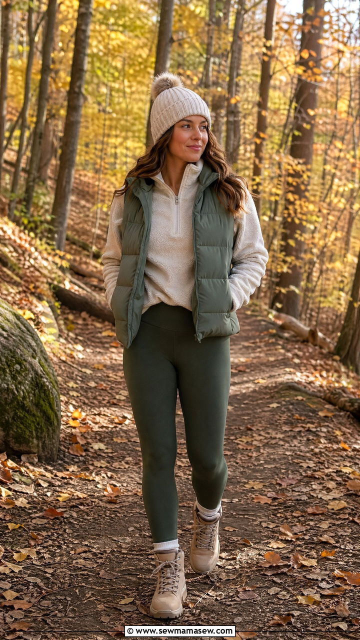 Forest green fleece pullover with leggings and boots for an active pumpkin patch day