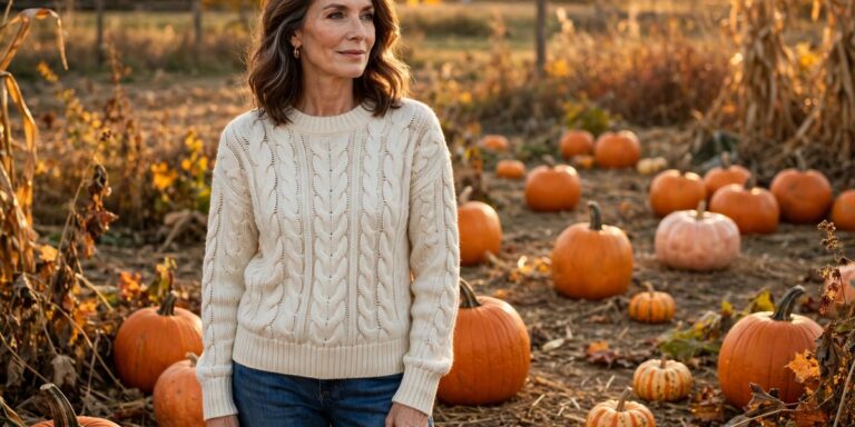 Woman over 50 in cream cable-knit sweater and jeans at a pumpkin patch in golden autumn light