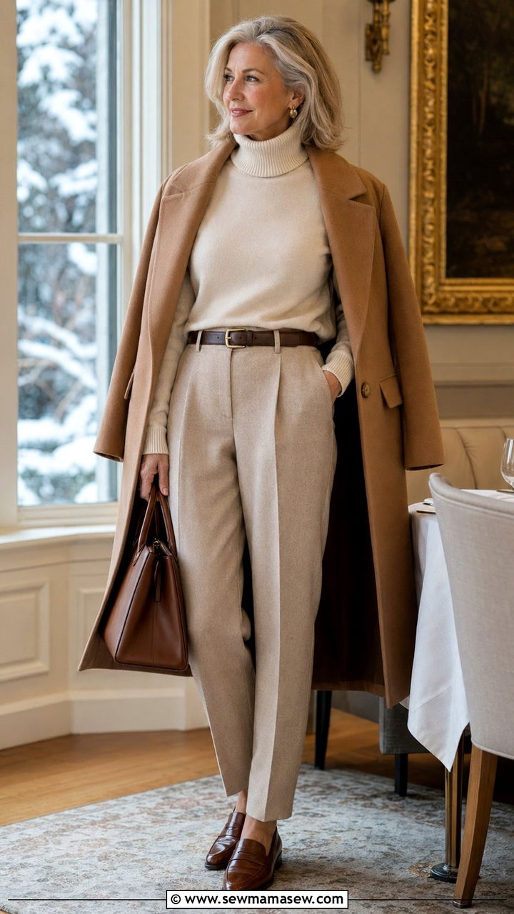 Woman over 50 in sage turtleneck, camel coat and cream trousers for fall photos