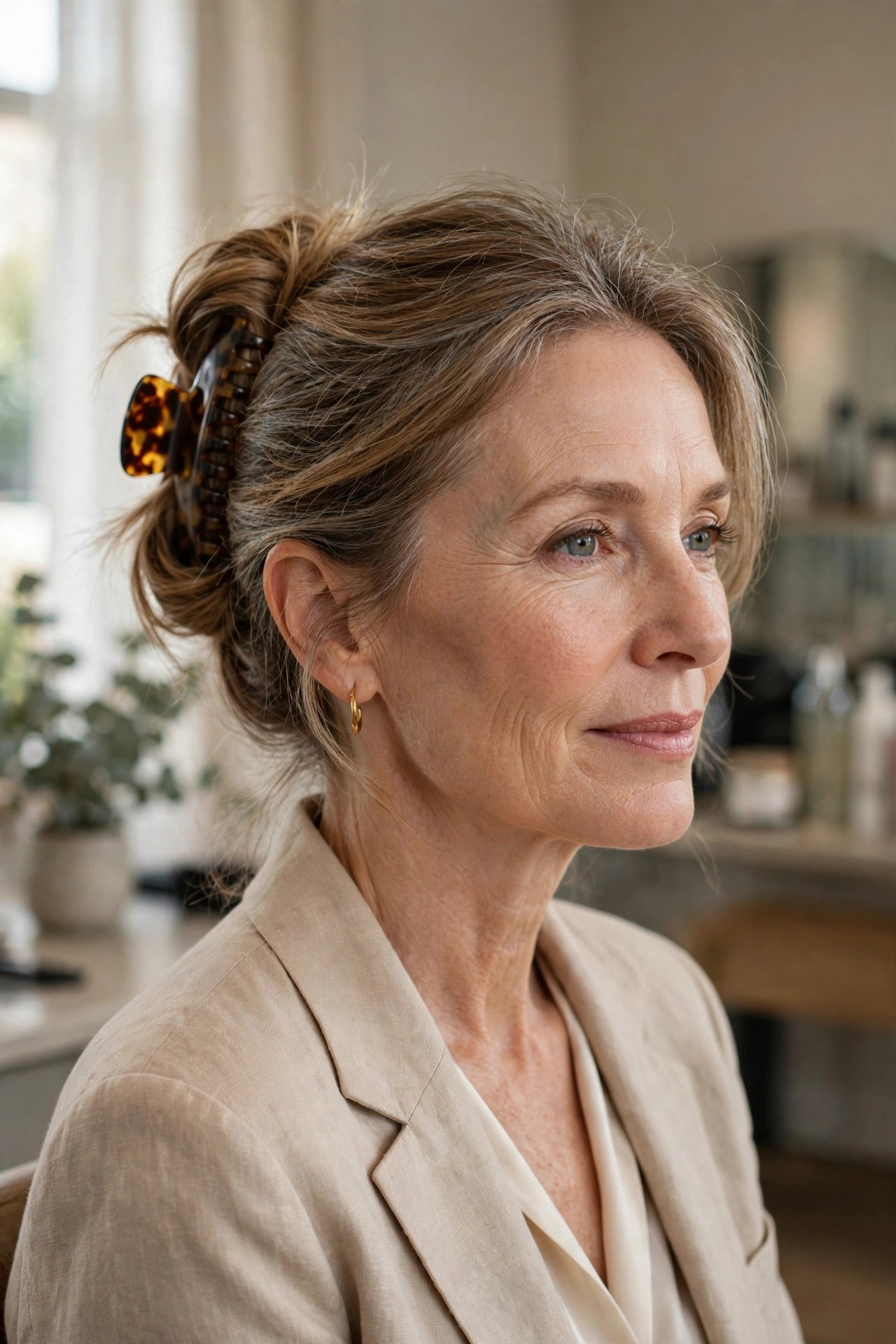 Woman over 50 with hair twisted up held by a tortoiseshell claw clip