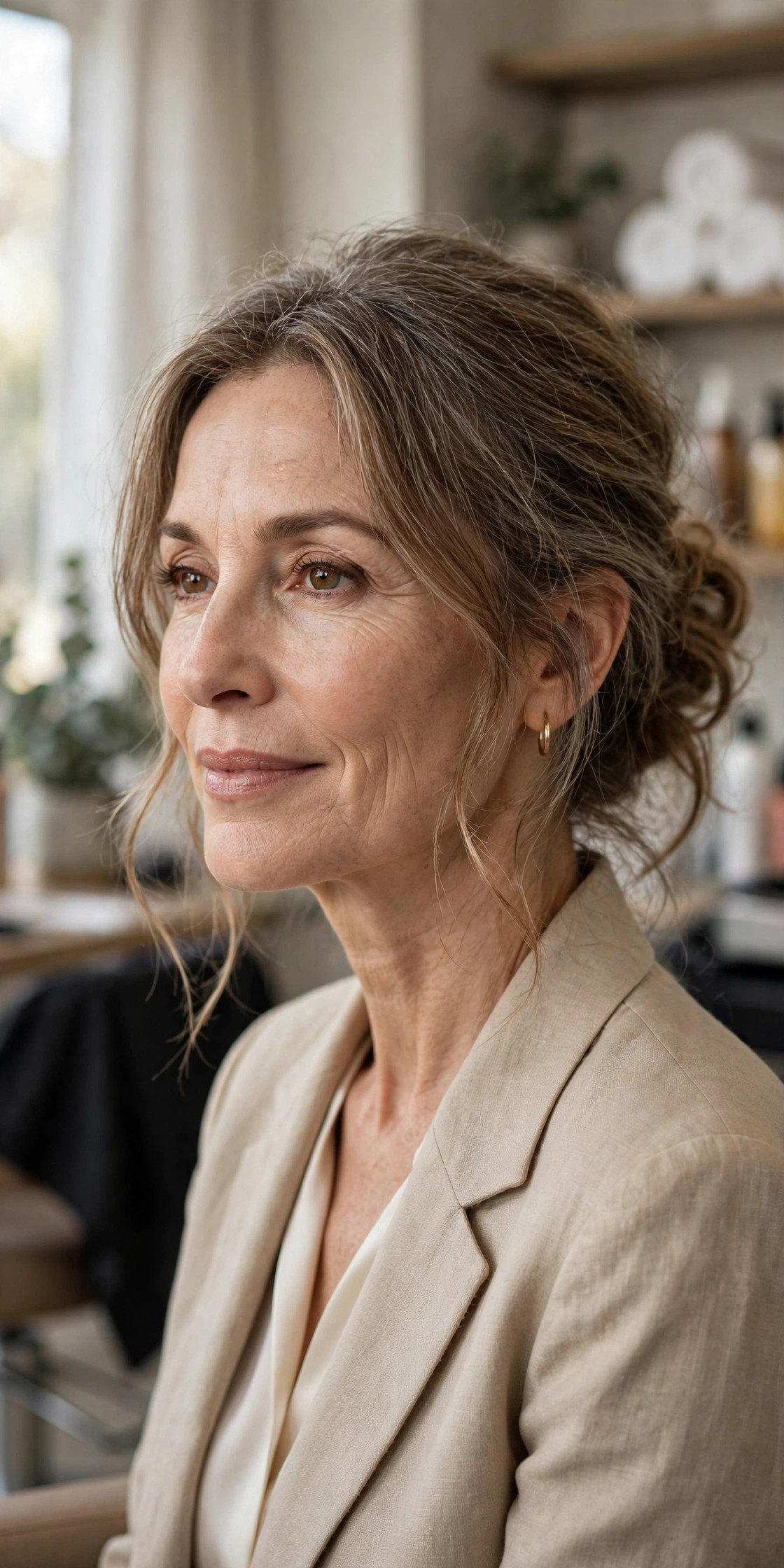 Woman over 50 with low messy bun at the nape, soft loose tendrils