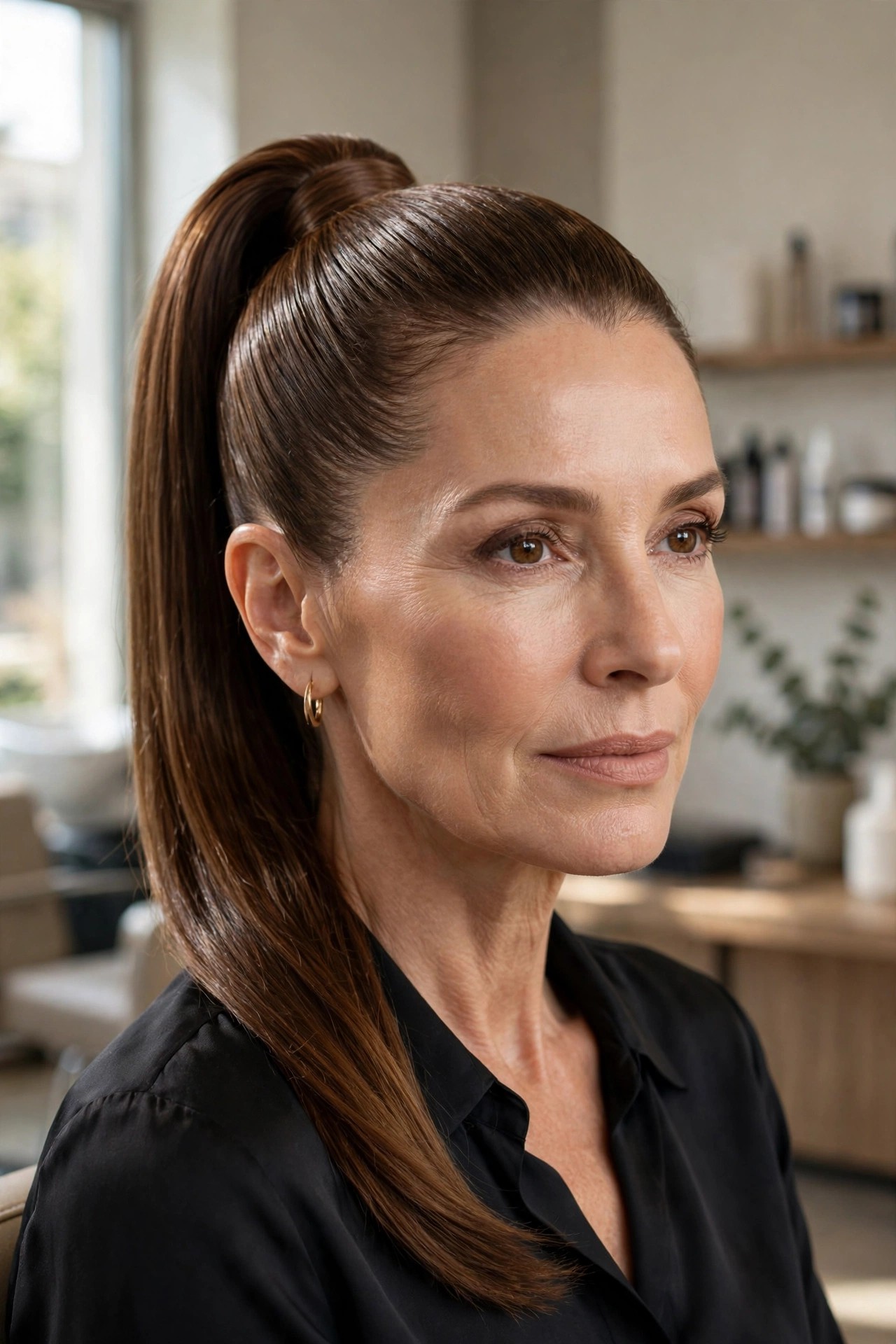 Woman over 50 with high sleek ponytail, smooth polished style