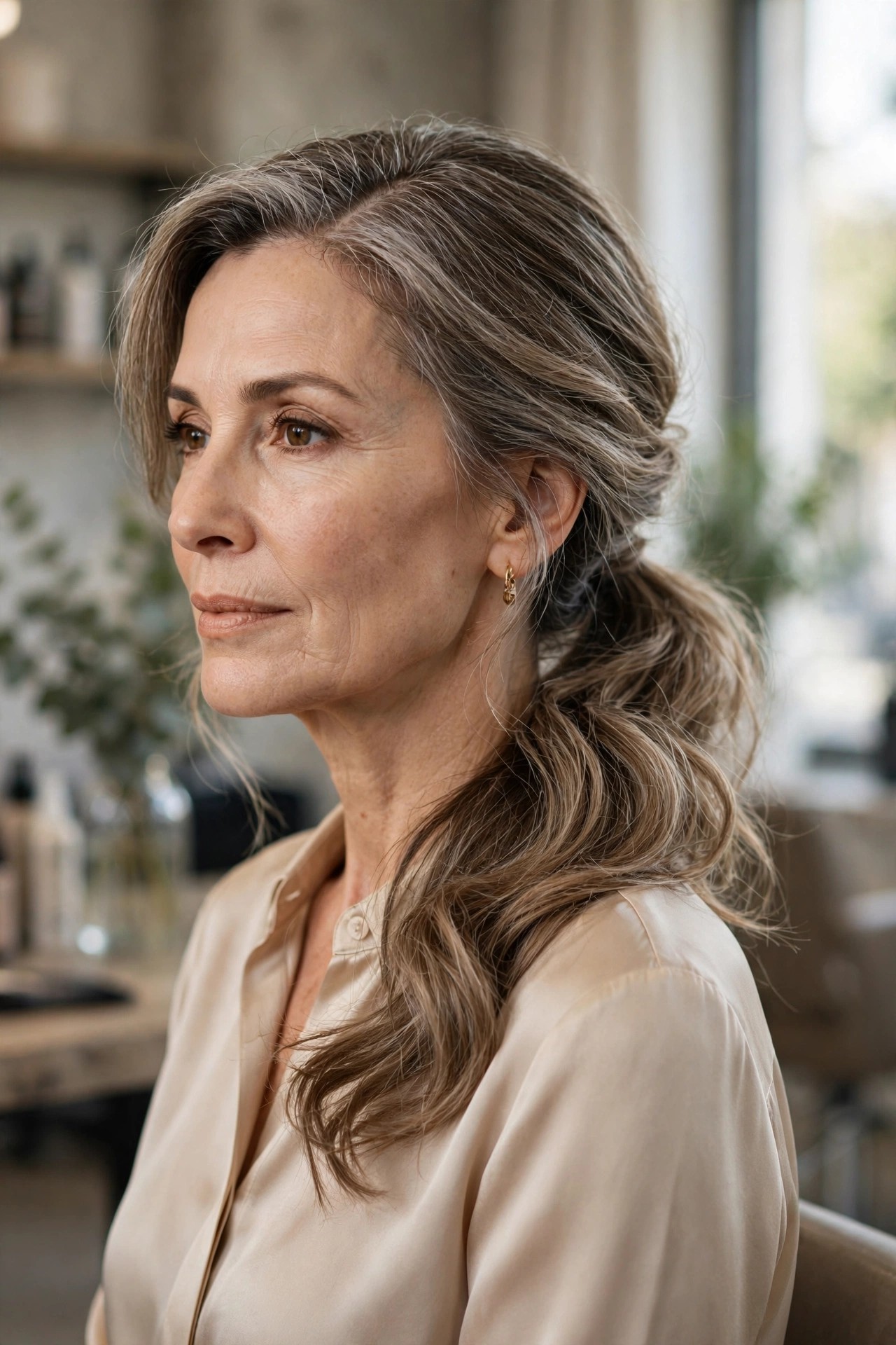 Woman over 50 with low side ponytail swept to one side