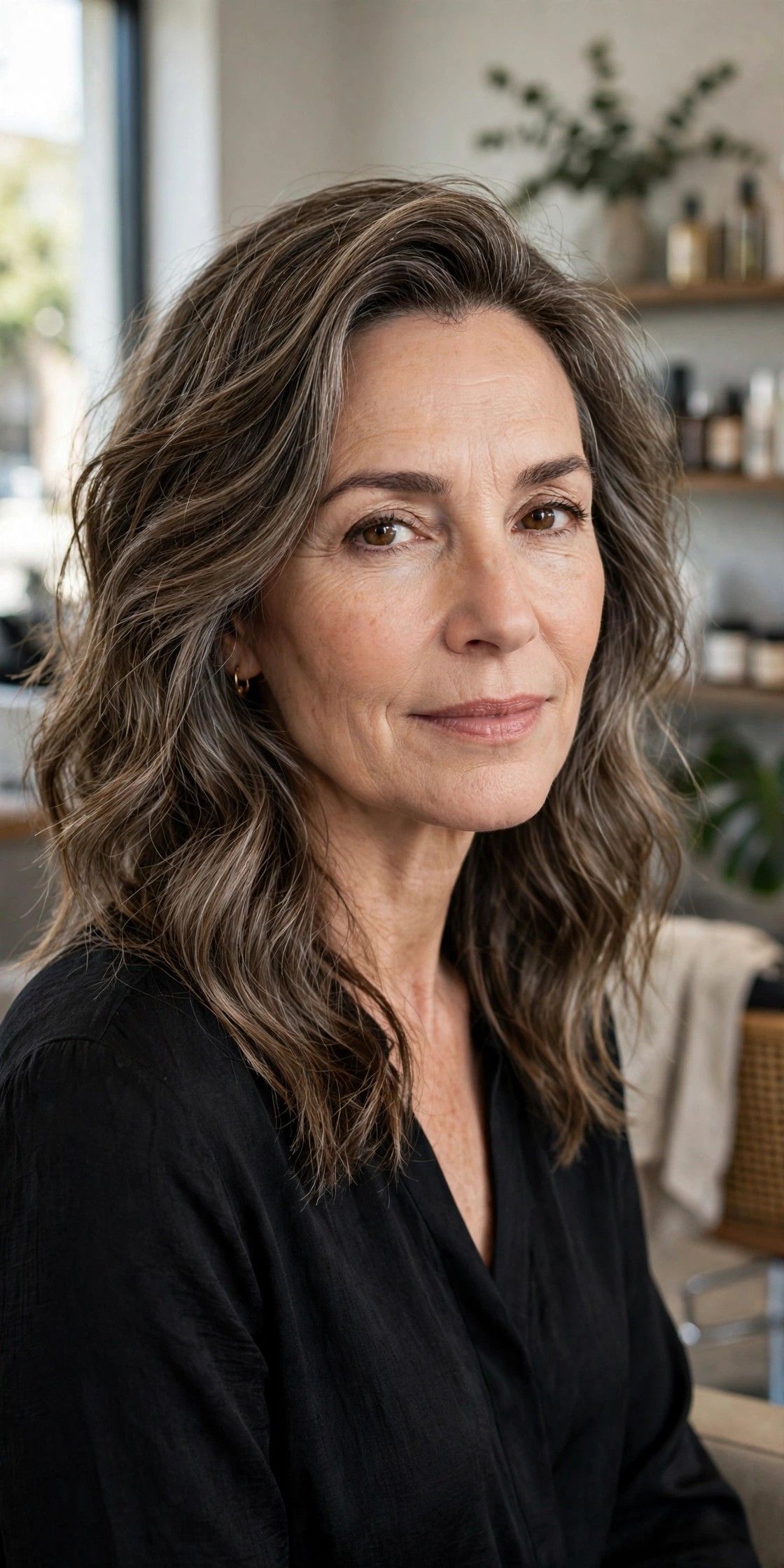 Woman over 50 with natural air-dried waves and deep side part