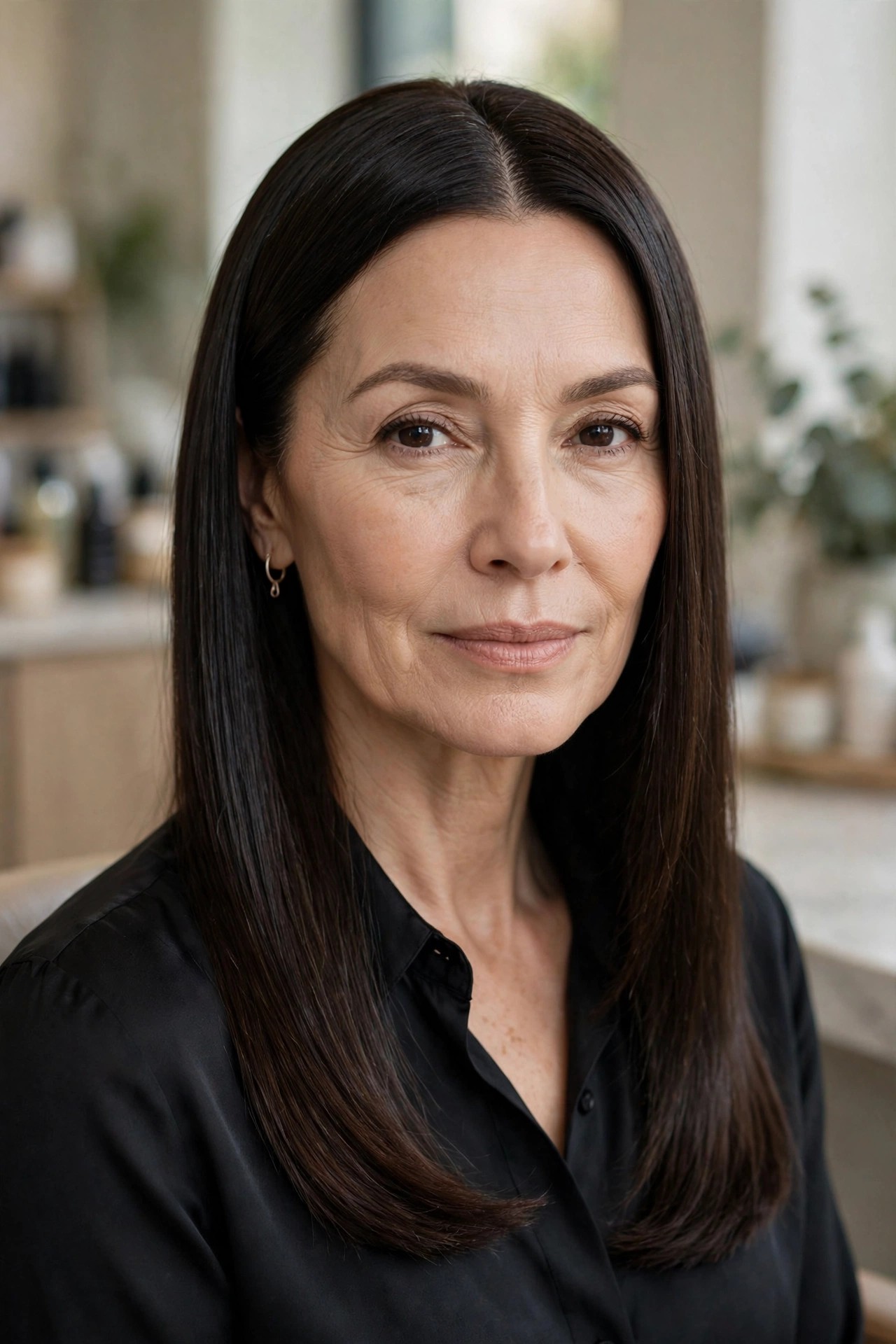 Woman over 50 with sleek straight glossy hair and clean part