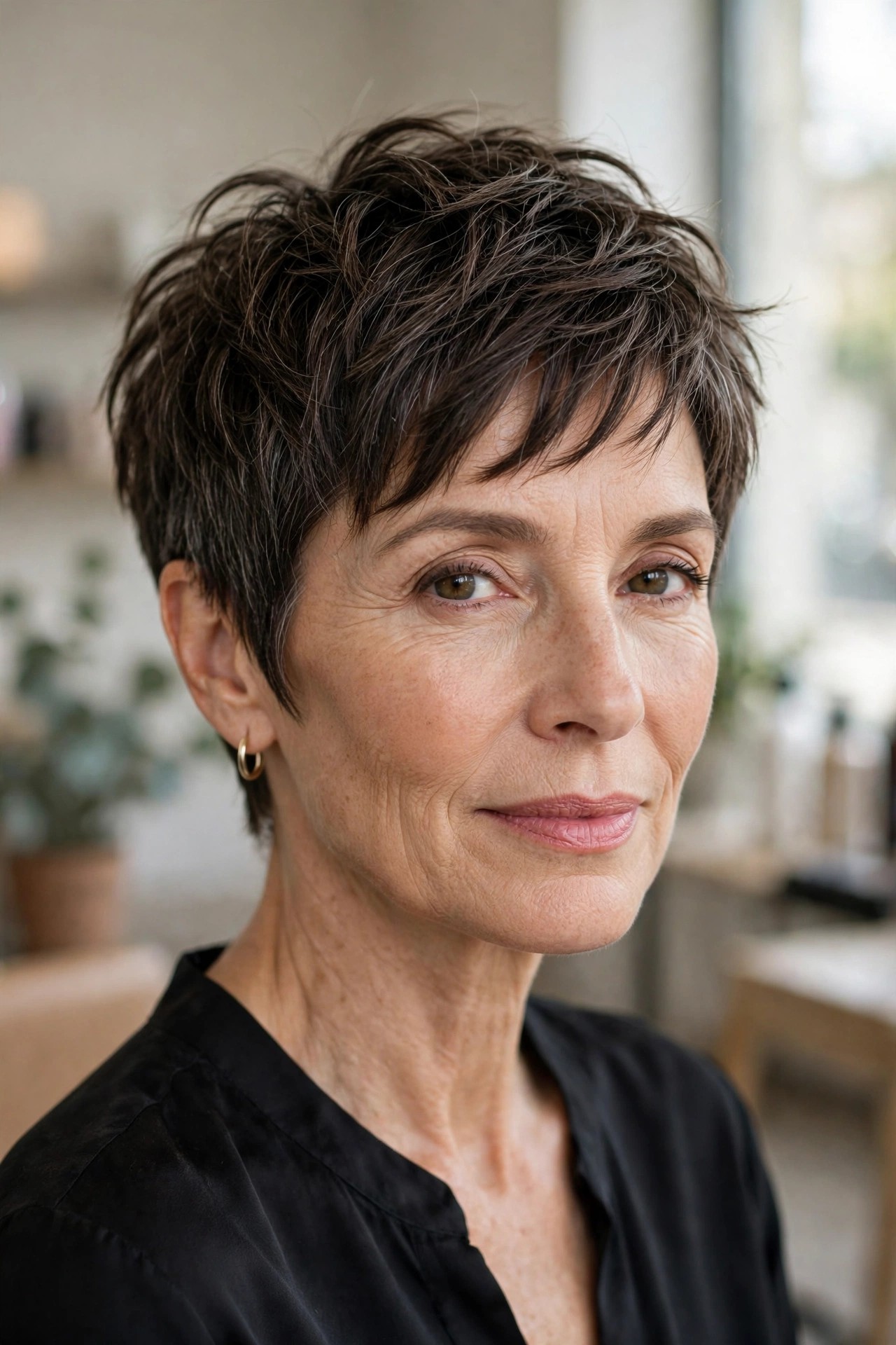 Woman over 50 with textured pixie haircut, piecey finger-styled texture