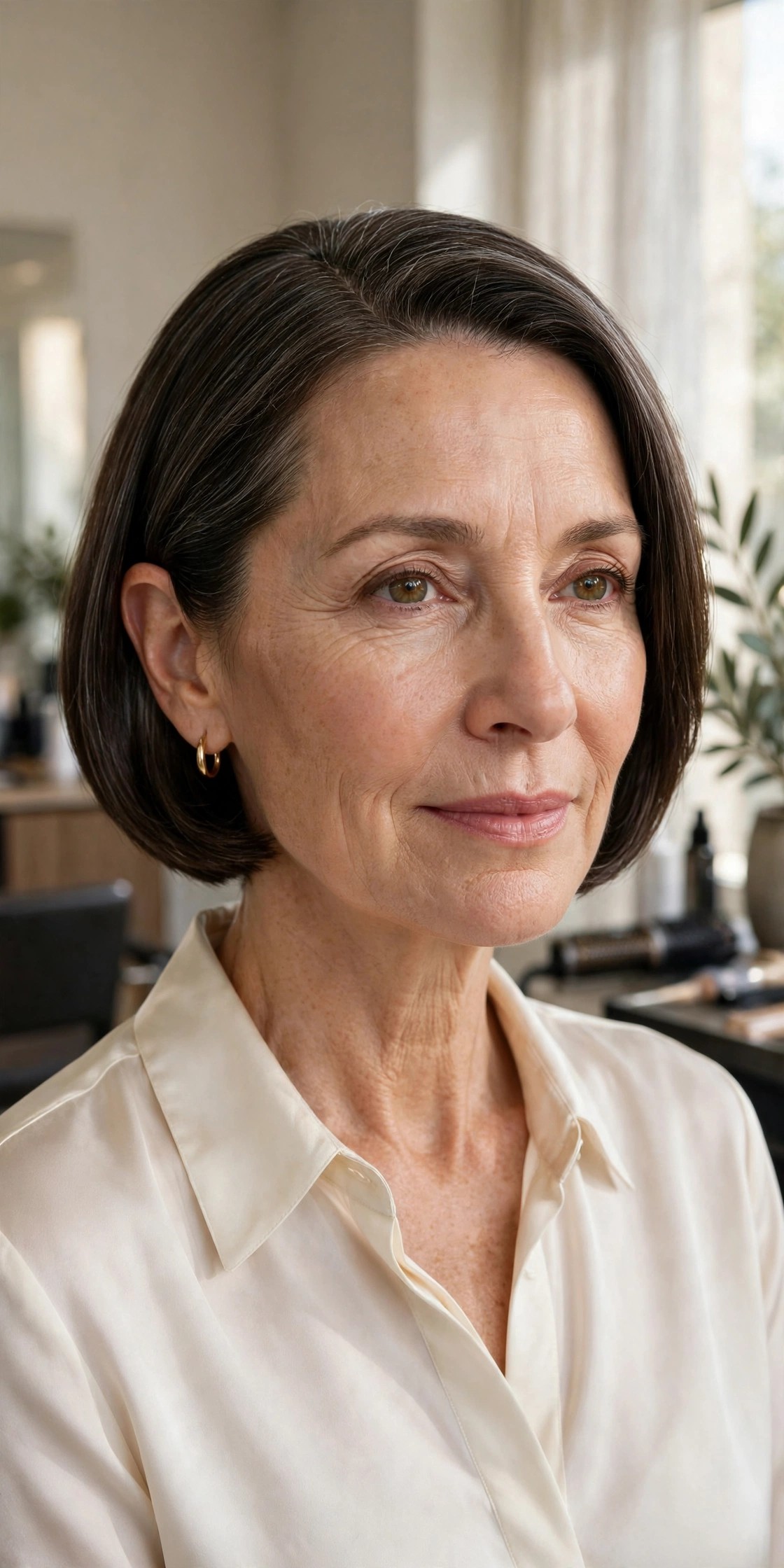 Woman over 50 with bob haircut tucked behind ears, clean side part