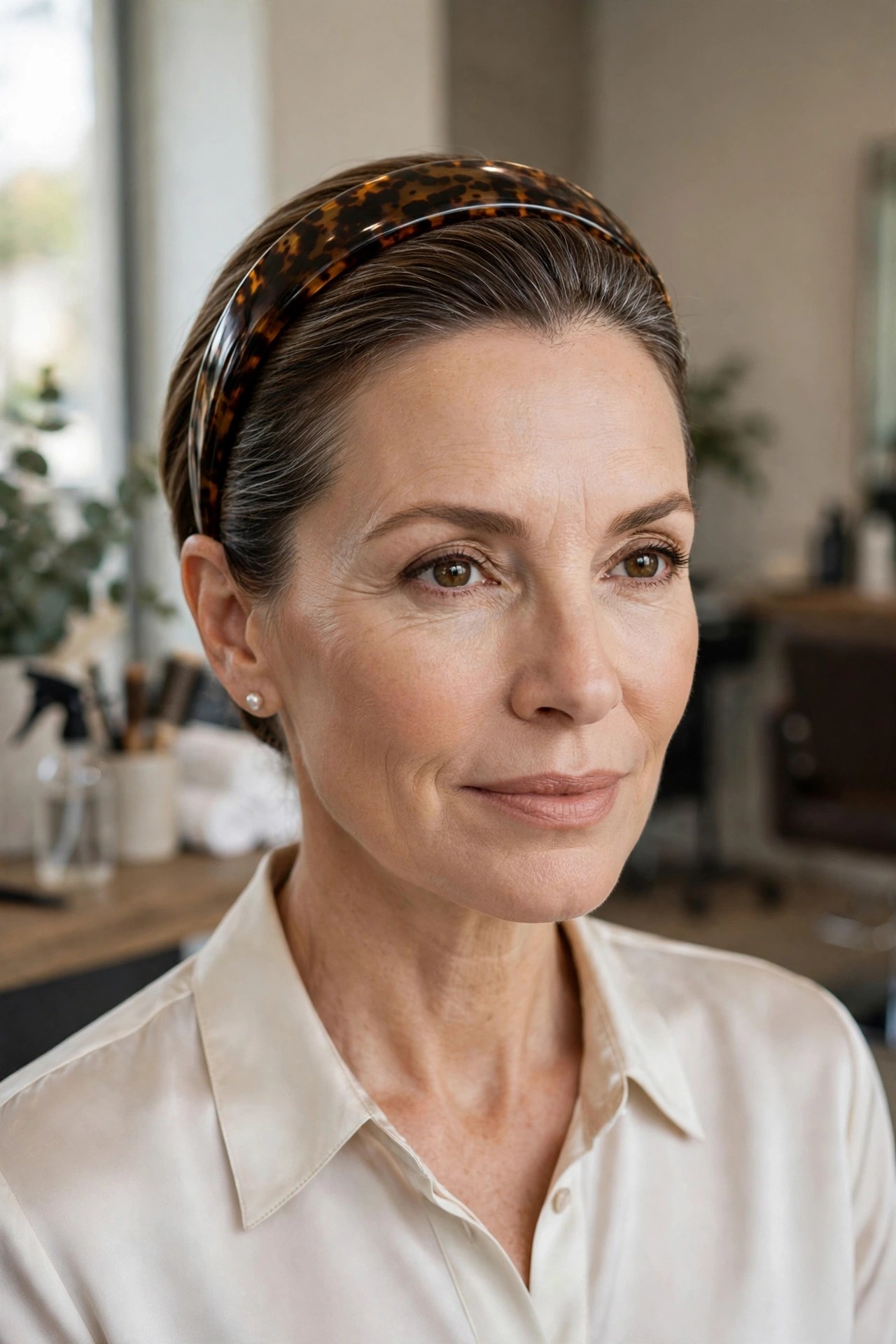 Woman over 50 wearing wide tortoiseshell headband, hair brushed back