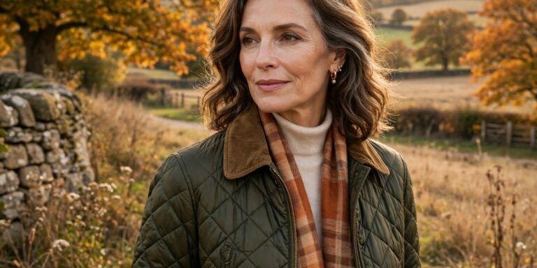 Woman over 50 wearing a classic quilted jacket countryside outfit