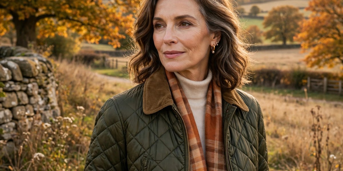 Woman over 50 wearing a classic quilted jacket countryside outfit