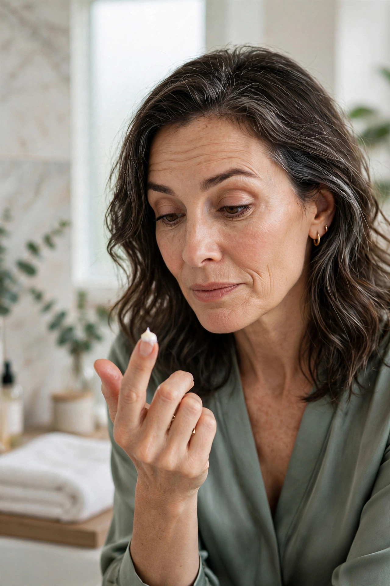 A woman in her 50s holding a small pea-sized dot of cream on her fingertip