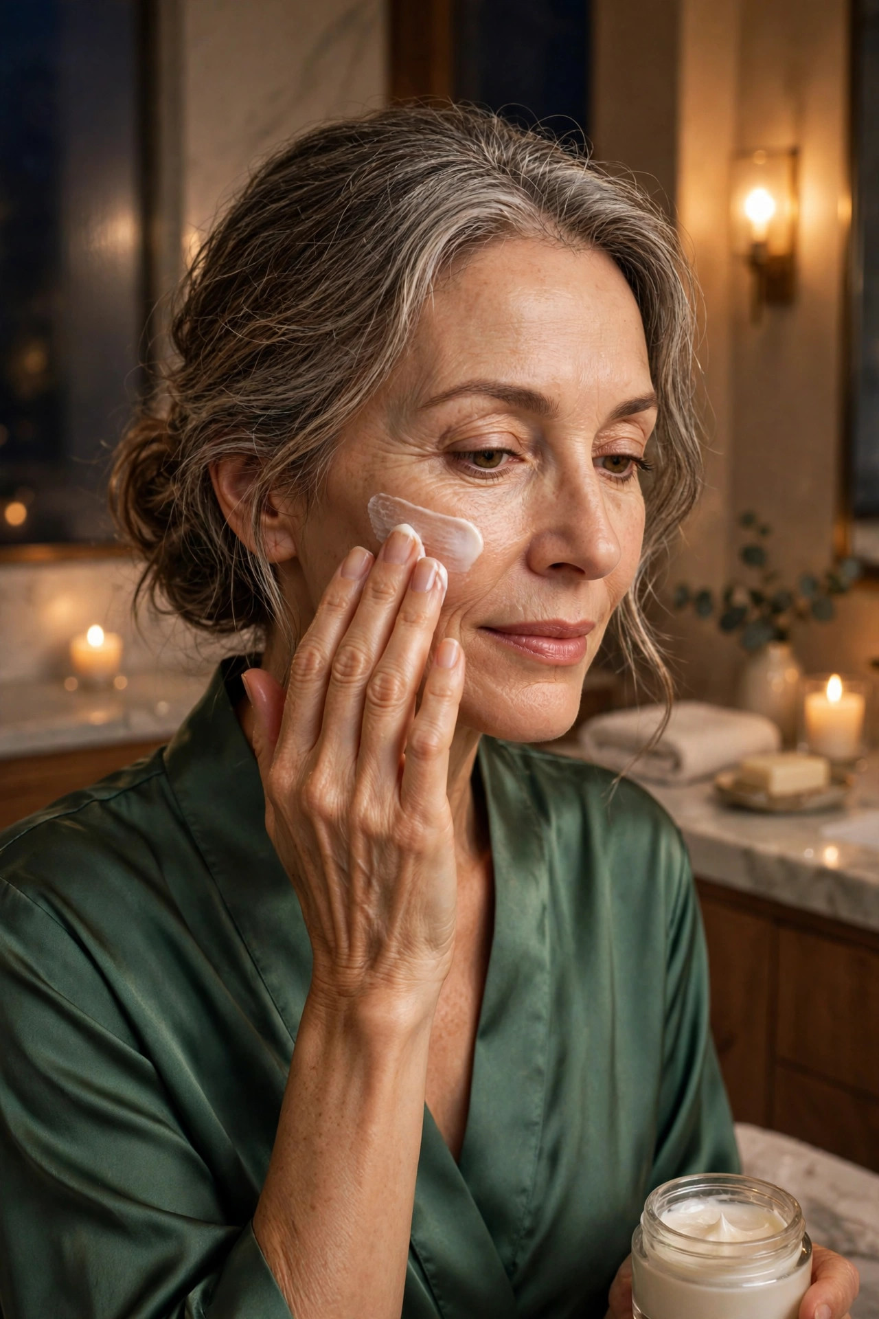 A woman in her 50s applying moisturizer to her face as a first buffer layer at night