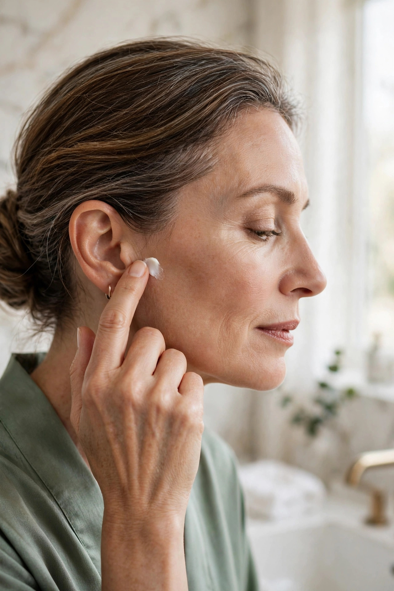 A woman in her 50s dabbing a small amount of cream behind her ear for a patch test