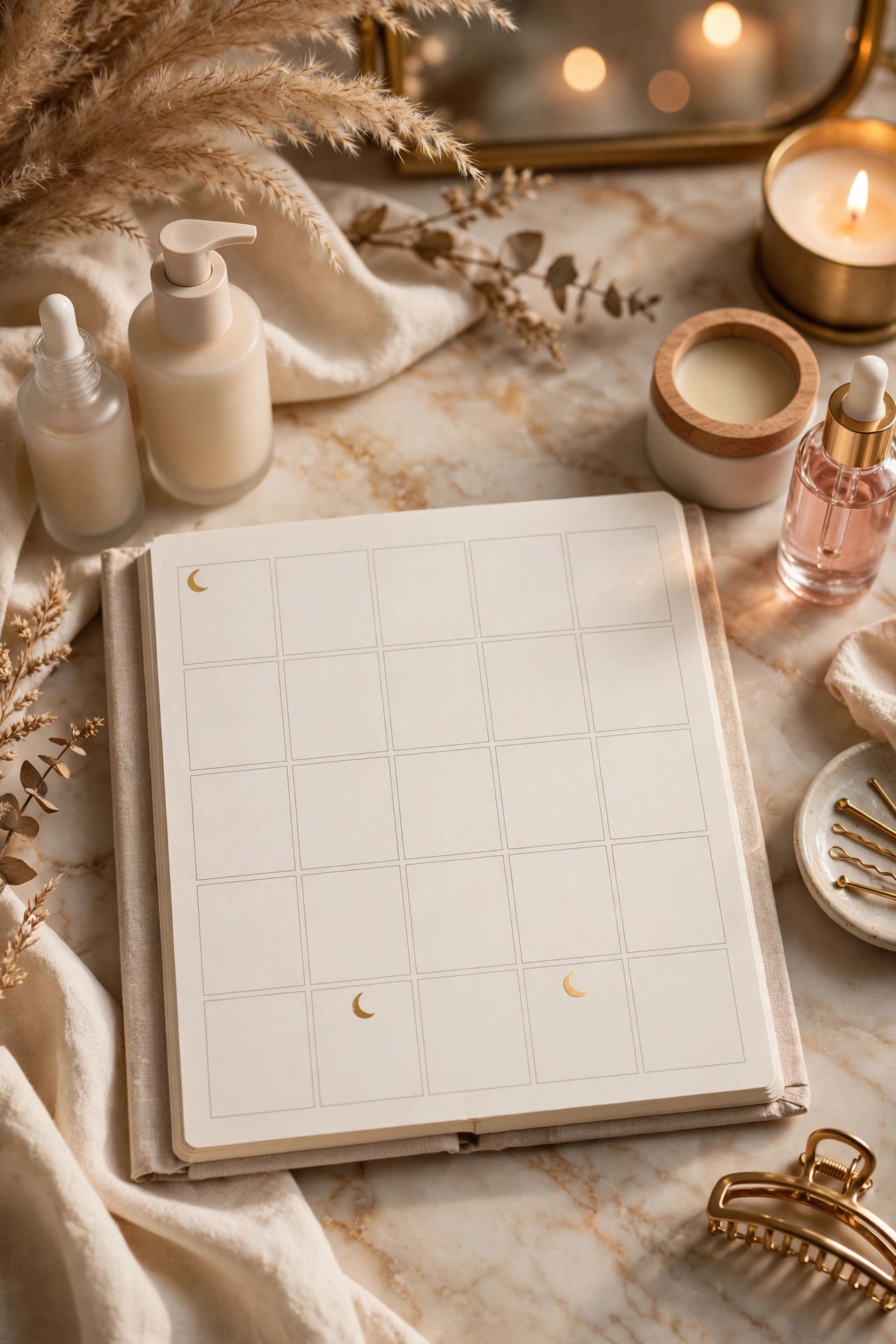 Elegant weekly planner on a vanity with two evenings marked with small moon stickers