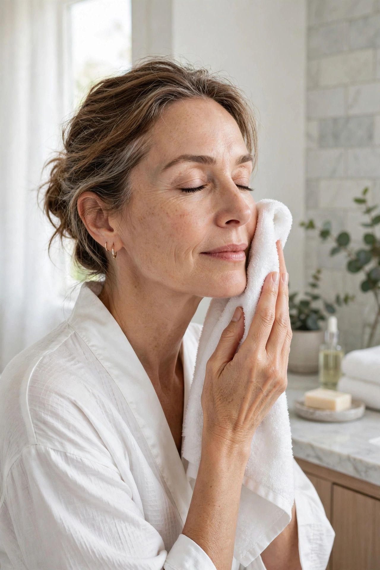 A woman in her 50s gently patting her face completely dry with a soft white towel