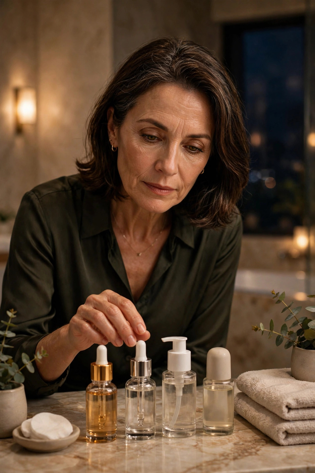 A woman in her 50s choosing one serum bottle from a small lineup of skincare products