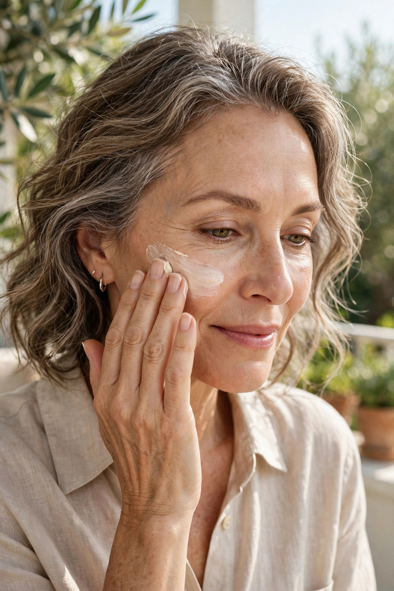 A woman in her 50s applying sunscreen to her face on a bright morning