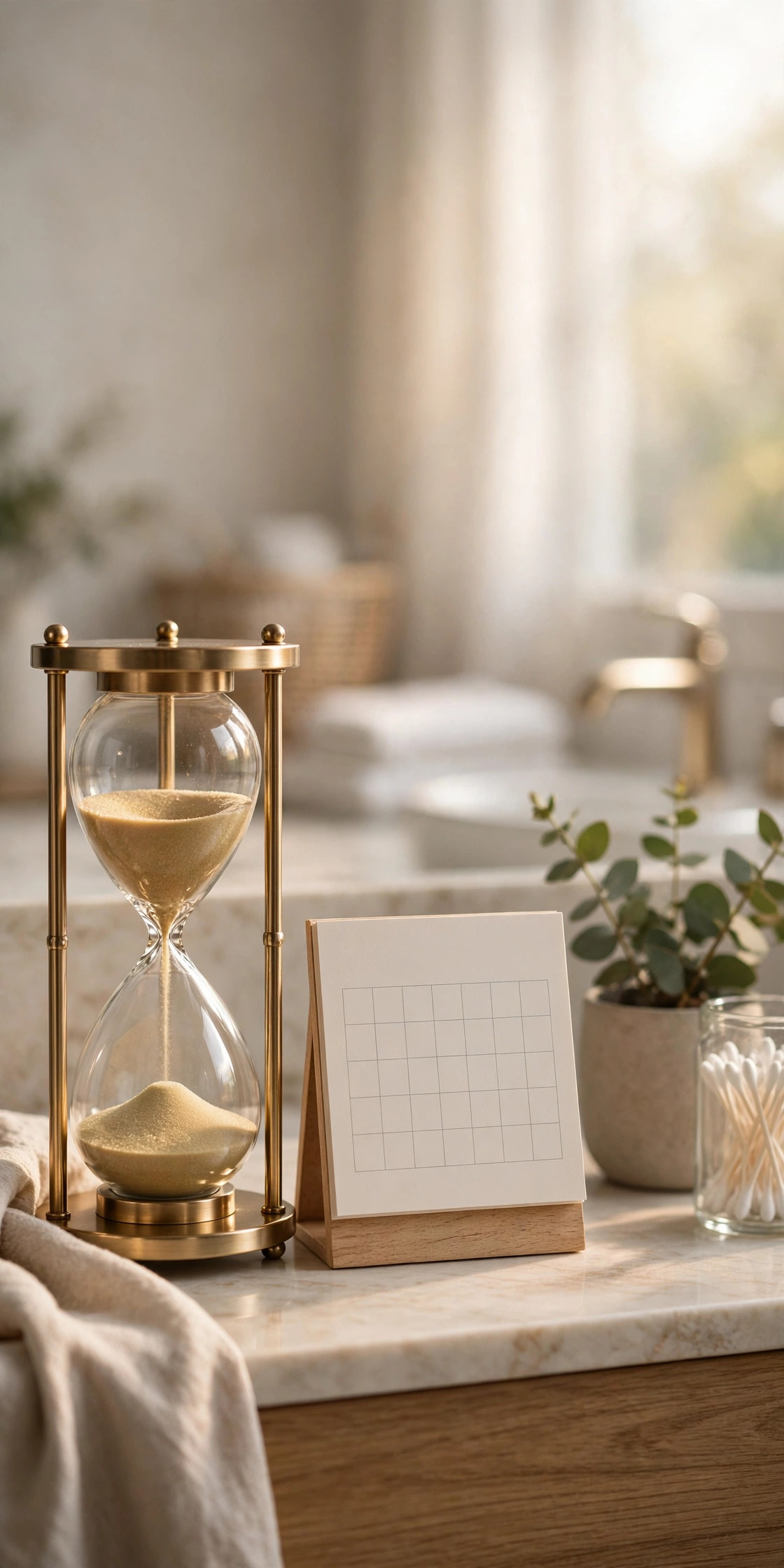 Elegant hourglass timer beside a small calendar on a bathroom vanity
